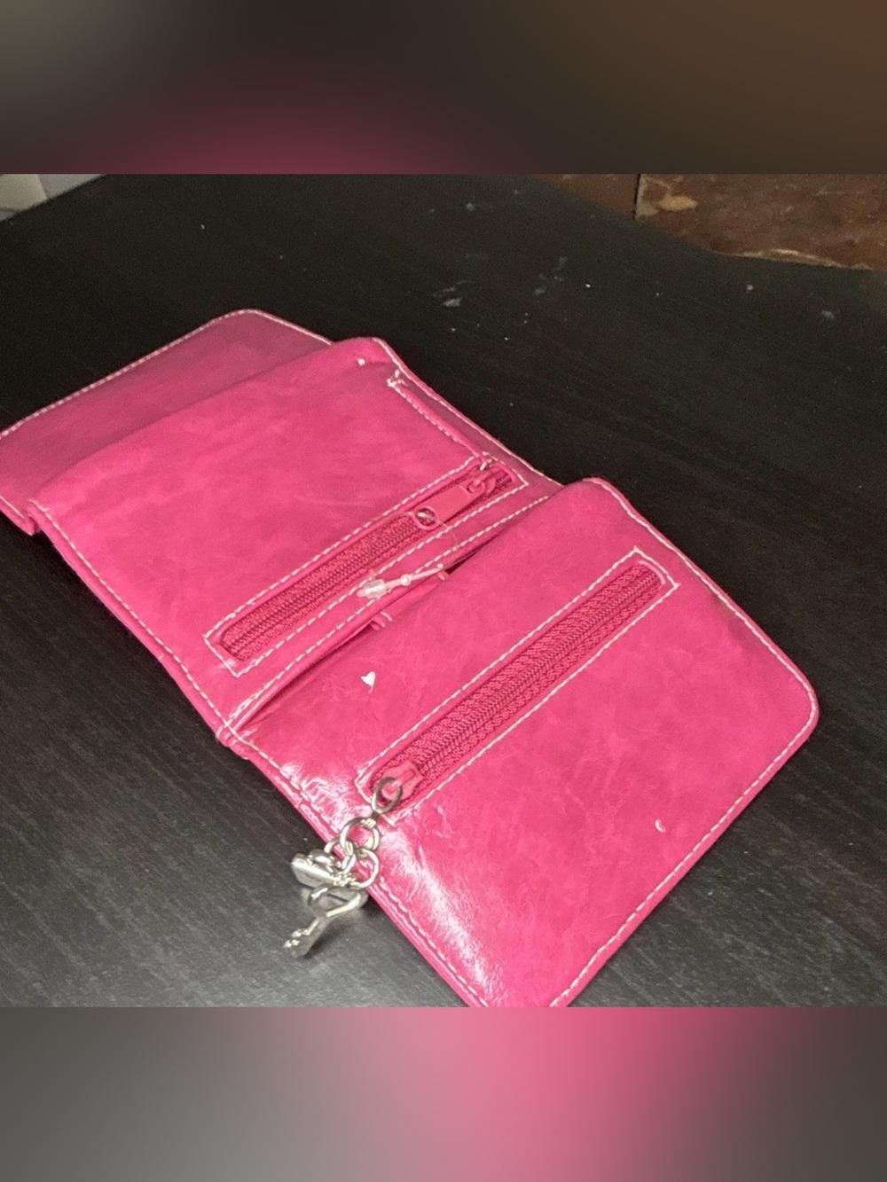 Hot Pink Faux Leather Trifold Wallet with Zipper Pockets - Picture 2 of 9